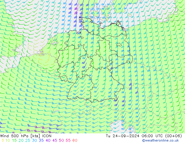 wiatr 500 hPa ICON wto. 24.09.2024 06 UTC