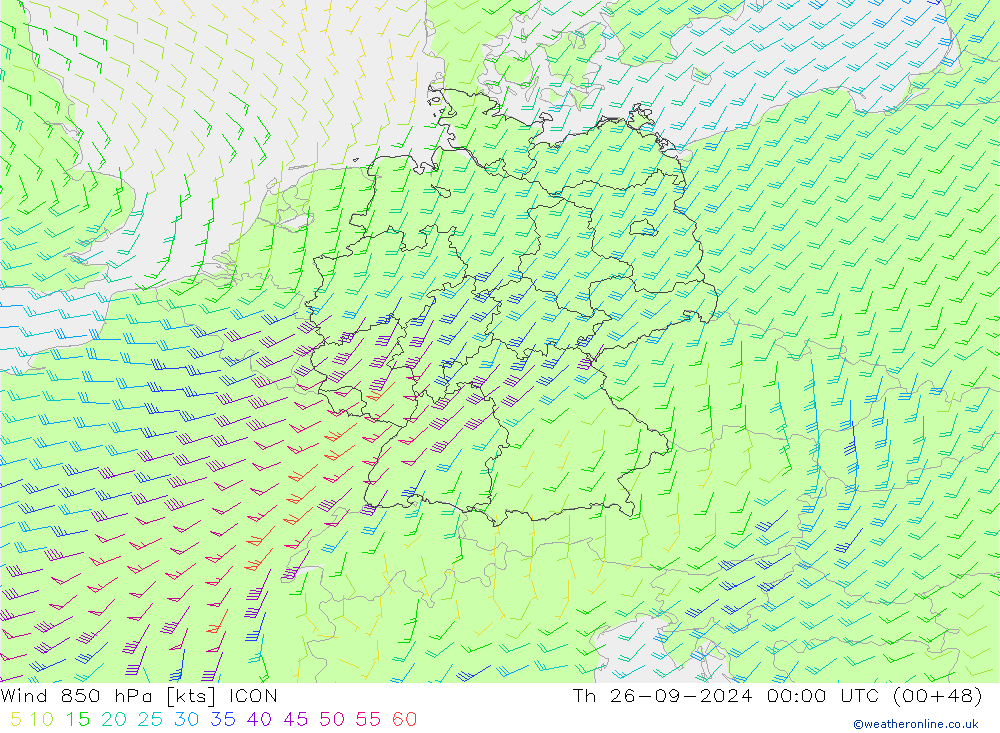 ветер 850 гПа ICON чт 26.09.2024 00 UTC