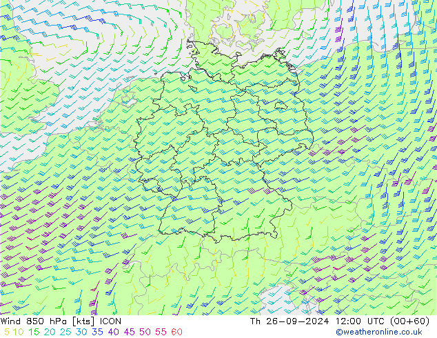 wiatr 850 hPa ICON czw. 26.09.2024 12 UTC