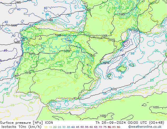 Isotachs (kph) ICON Qui 26.09.2024 00 UTC