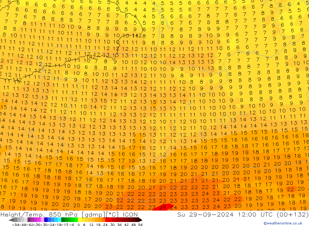 Height/Temp. 850 hPa ICON Su 29.09.2024 12 UTC