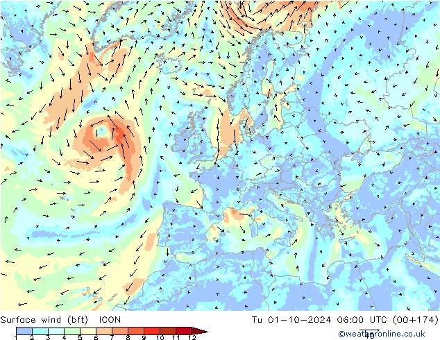 Viento 10 m (bft) ICON mar 01.10.2024 06 UTC