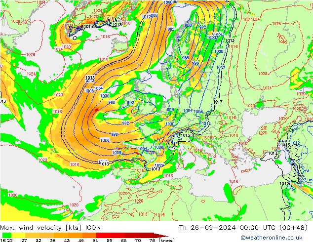 Max. wind velocity ICON Čt 26.09.2024 00 UTC