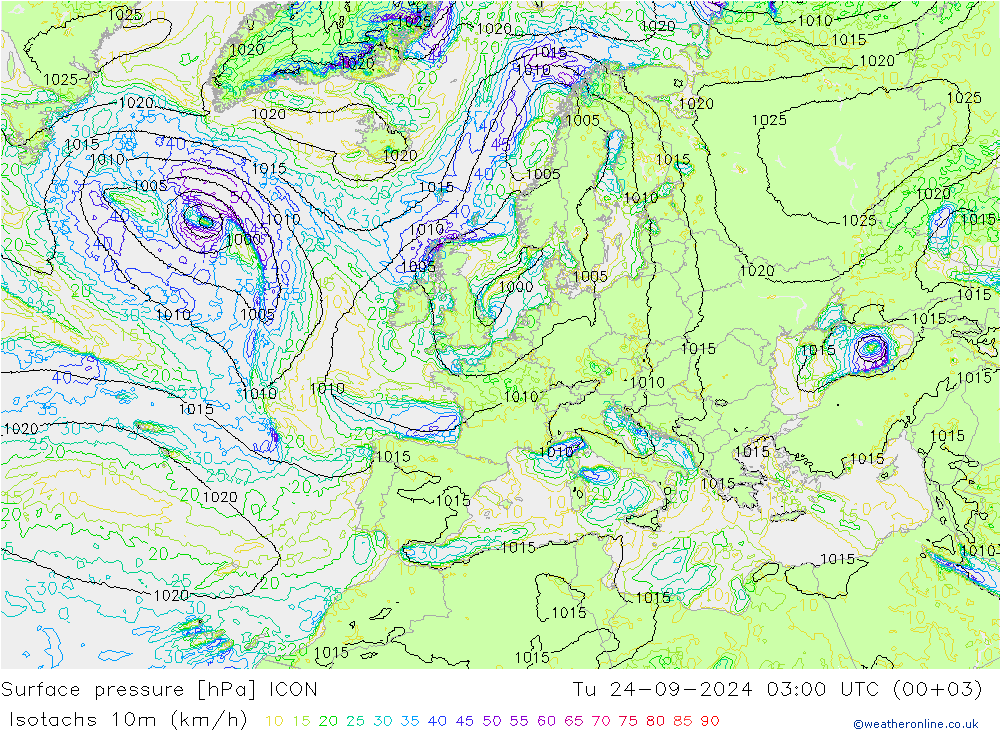 Isotachs (kph) ICON Út 24.09.2024 03 UTC