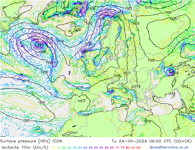 Izotacha (km/godz) ICON wto. 24.09.2024 06 UTC