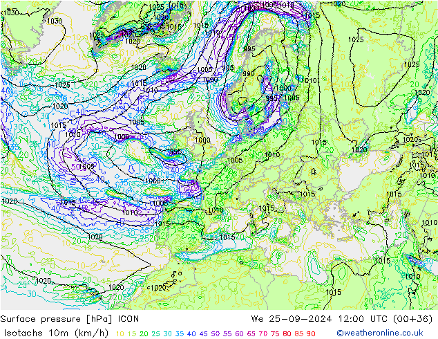 Isotachen (km/h) ICON Mi 25.09.2024 12 UTC