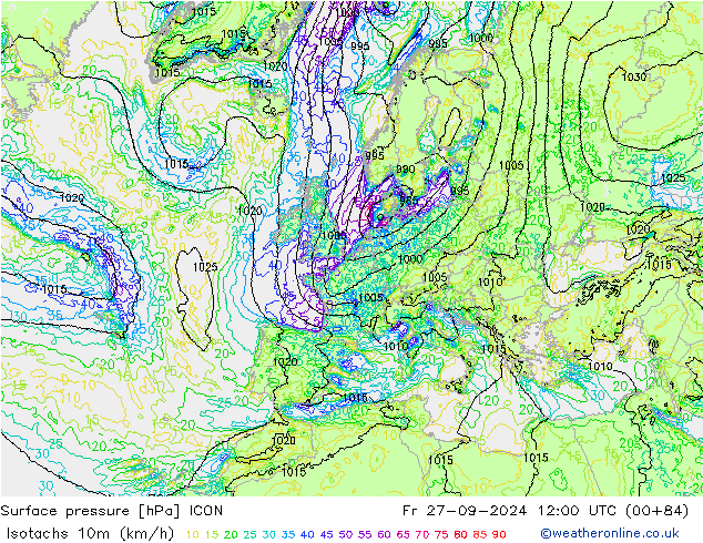 Isotachs (kph) ICON Fr 27.09.2024 12 UTC