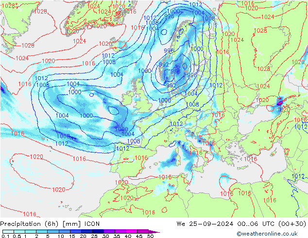 Precipitation (6h) ICON We 25.09.2024 06 UTC