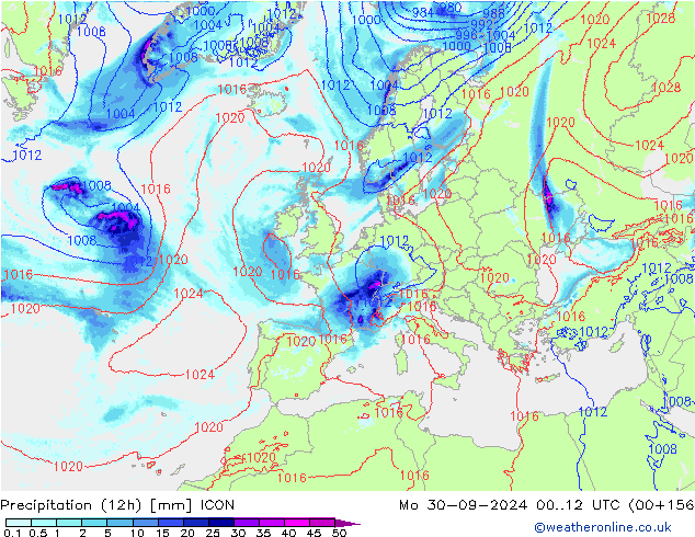 Precipitation (12h) ICON Po 30.09.2024 12 UTC