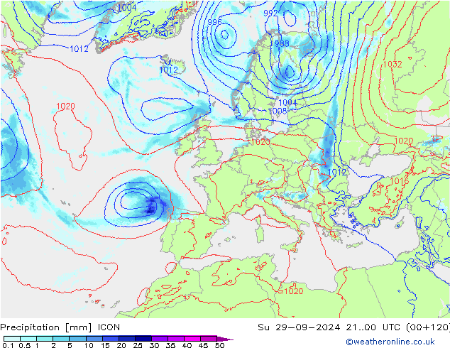 Srážky ICON Ne 29.09.2024 00 UTC