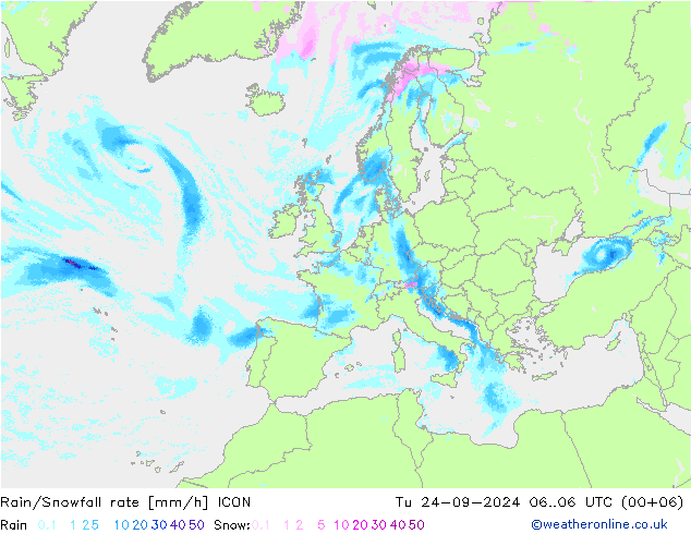 Rain/Snowfall rate ICON mar 24.09.2024 06 UTC