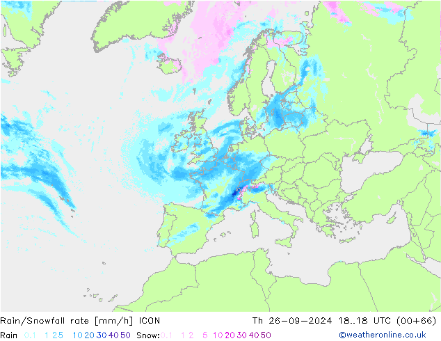 Rain/Snowfall rate ICON gio 26.09.2024 18 UTC