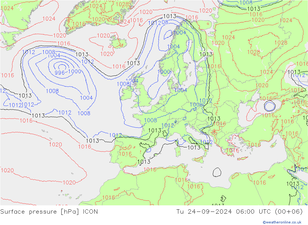 地面气压 ICON 星期二 24.09.2024 06 UTC