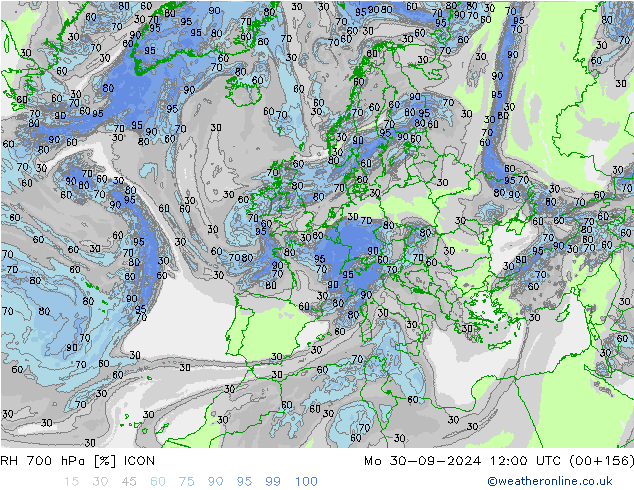 RH 700 hPa ICON pon. 30.09.2024 12 UTC