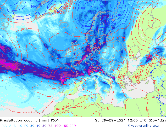 Precipitation accum. ICON Su 29.09.2024 12 UTC