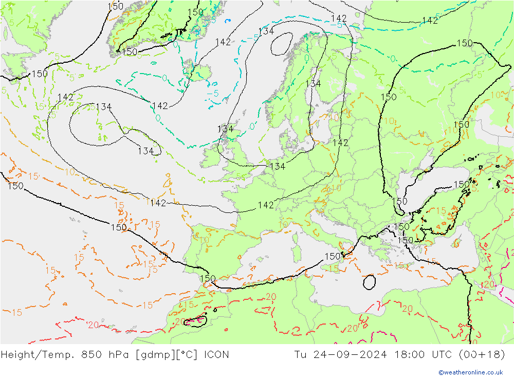 Hoogte/Temp. 850 hPa ICON di 24.09.2024 18 UTC