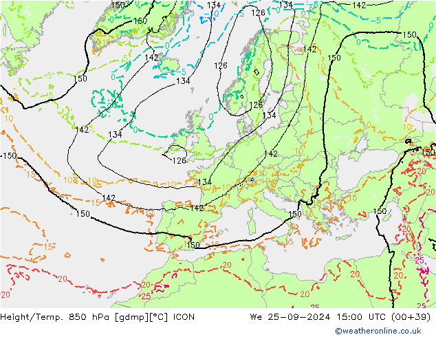 Height/Temp. 850 hPa ICON We 25.09.2024 15 UTC