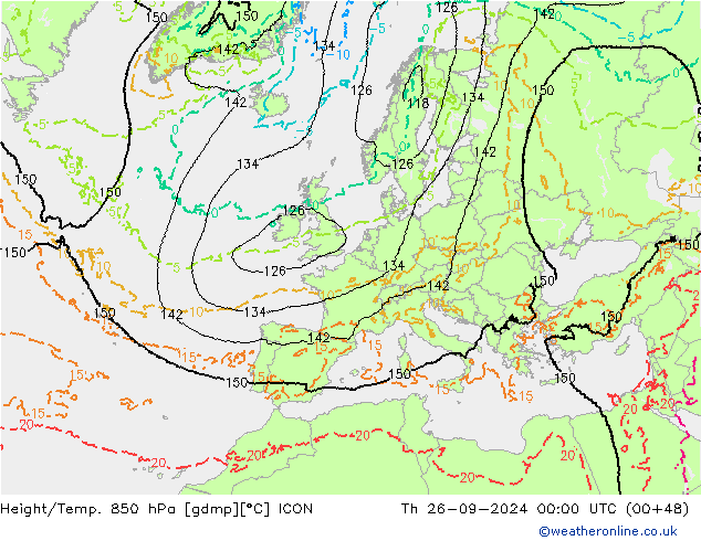 Height/Temp. 850 гПа ICON чт 26.09.2024 00 UTC