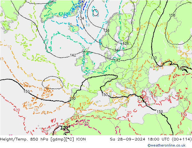 Height/Temp. 850 гПа ICON сб 28.09.2024 18 UTC