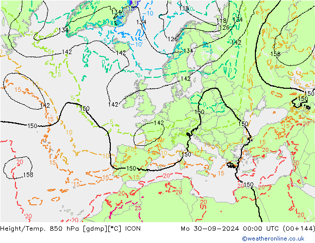 Height/Temp. 850 hPa ICON Mo 30.09.2024 00 UTC