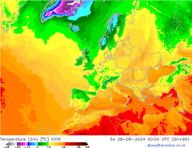 Temperaturkarte (2m) ICON Sa 28.09.2024 00 UTC