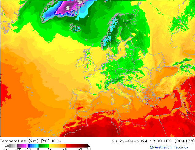 Temperatuurkaart (2m) ICON zo 29.09.2024 18 UTC