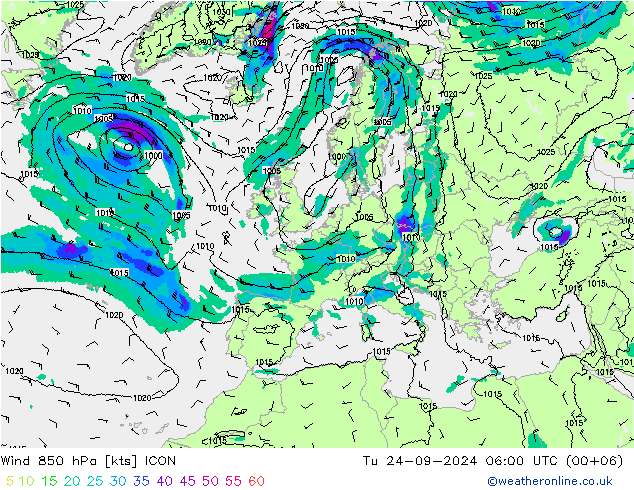 Wind 850 hPa ICON Út 24.09.2024 06 UTC