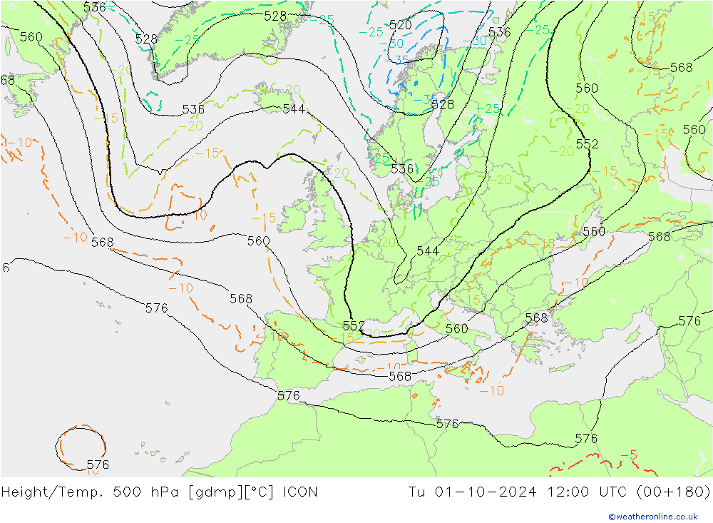 Height/Temp. 500 hPa ICON Di 01.10.2024 12 UTC