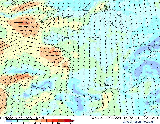 Surface wind (bft) ICON St 25.09.2024 15 UTC