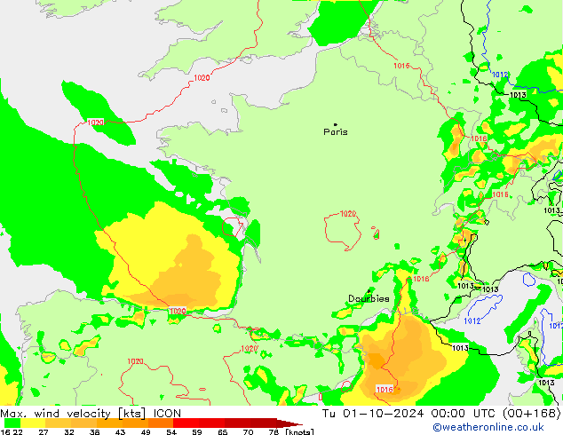 Max. wind velocity ICON вт 01.10.2024 00 UTC