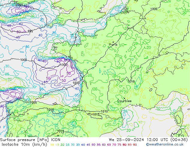 Isotachs (kph) ICON  25.09.2024 12 UTC