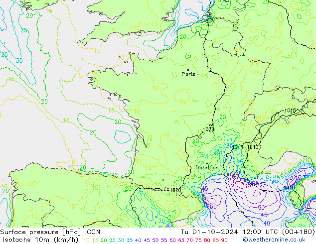 Isotachs (kph) ICON Tu 01.10.2024 12 UTC