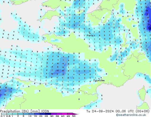 Precipitation (6h) ICON Tu 24.09.2024 06 UTC