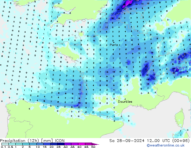 Precipitation (12h) ICON Sa 28.09.2024 00 UTC