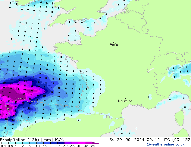 Precipitation (12h) ICON Su 29.09.2024 12 UTC