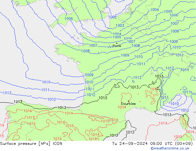 Atmosférický tlak ICON Út 24.09.2024 09 UTC