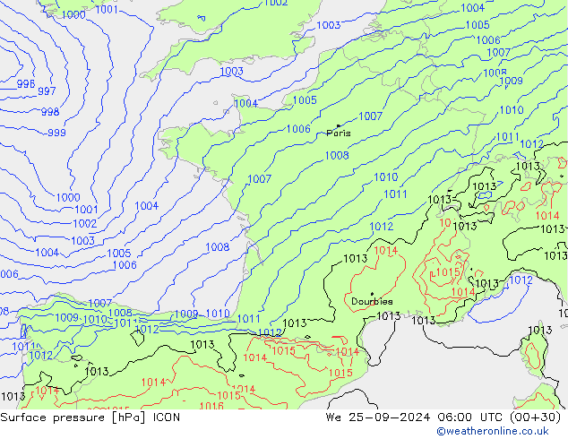 Presión superficial ICON mié 25.09.2024 06 UTC