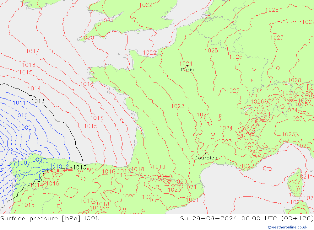 Luchtdruk (Grond) ICON zo 29.09.2024 06 UTC