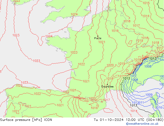 Surface pressure ICON Tu 01.10.2024 12 UTC