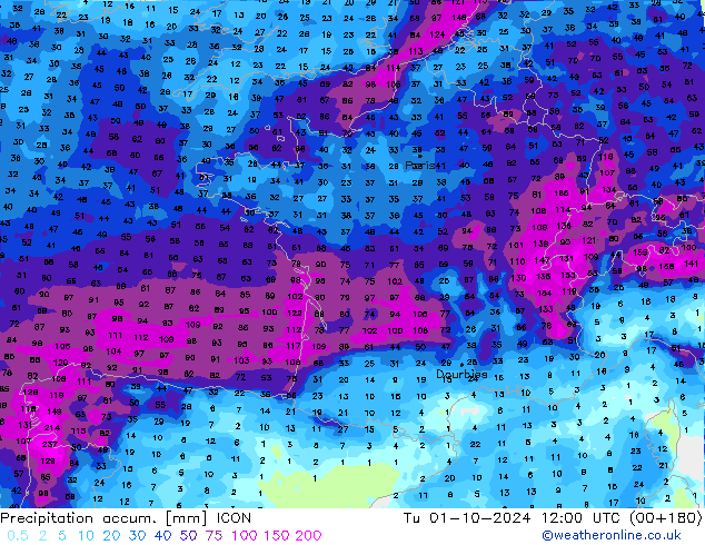 Precipitation accum. ICON Út 01.10.2024 12 UTC