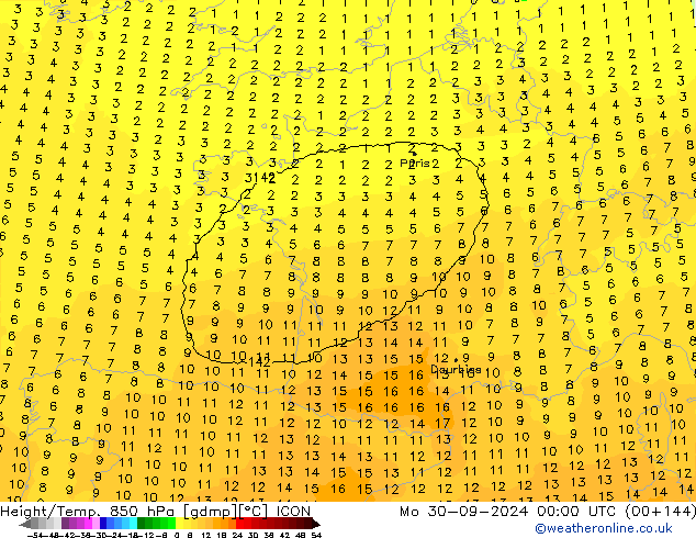 Height/Temp. 850 hPa ICON Mo 30.09.2024 00 UTC