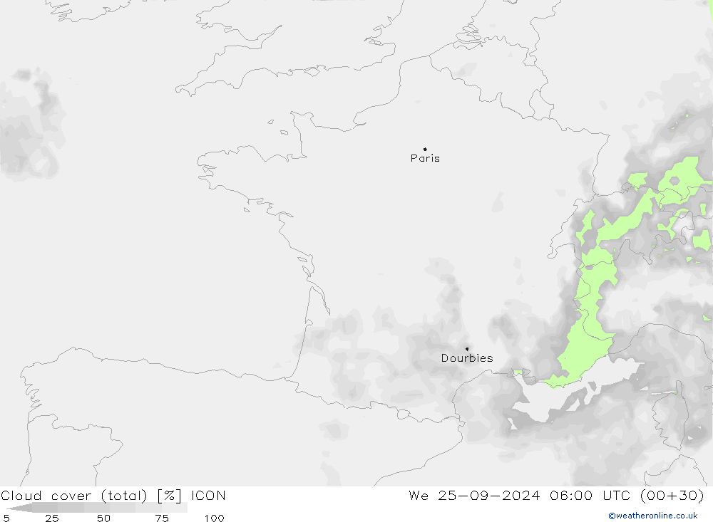 Bewolking (Totaal) ICON wo 25.09.2024 06 UTC