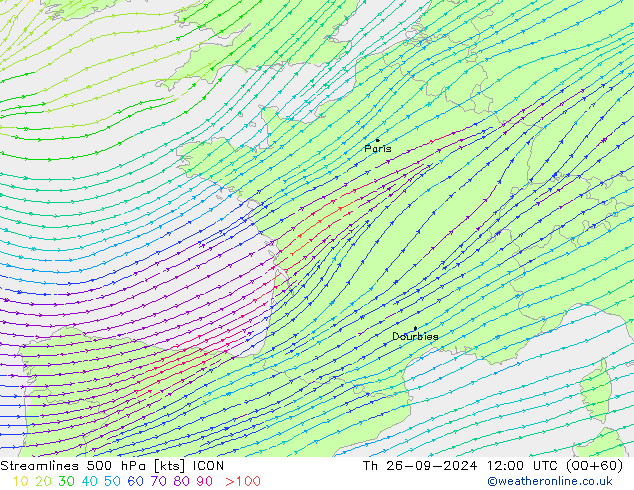 Streamlines 500 hPa ICON Th 26.09.2024 12 UTC