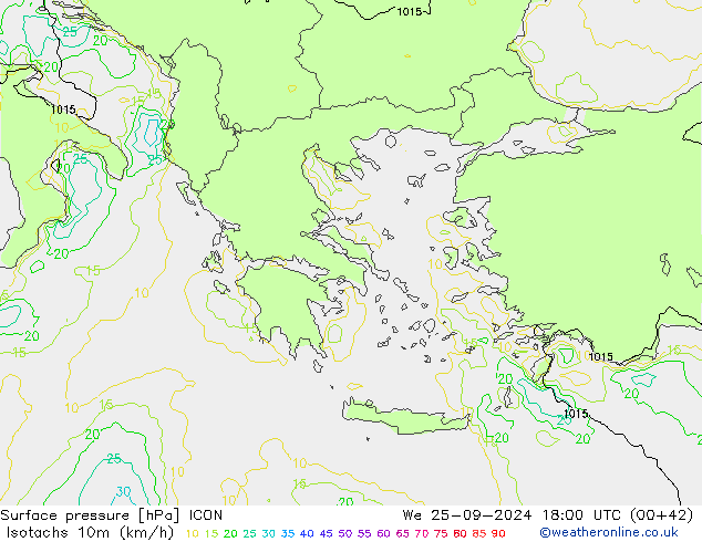 Isotachen (km/h) ICON Mi 25.09.2024 18 UTC