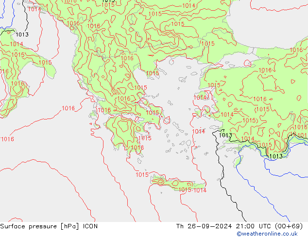 Surface pressure ICON Th 26.09.2024 21 UTC