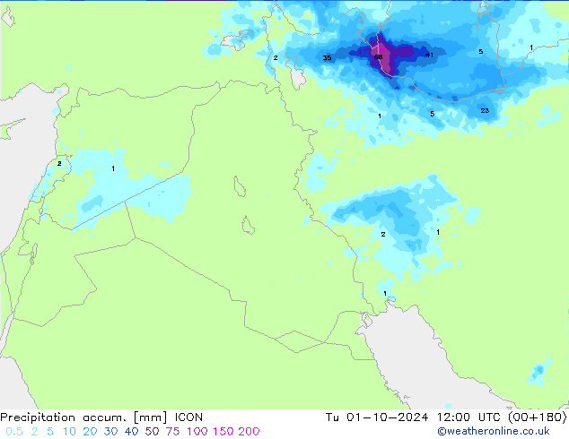 Precipitation accum. ICON Út 01.10.2024 12 UTC