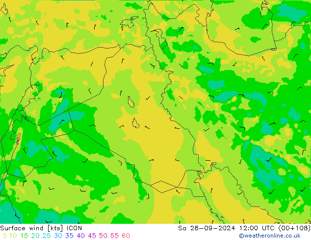 Vento 10 m ICON sab 28.09.2024 12 UTC