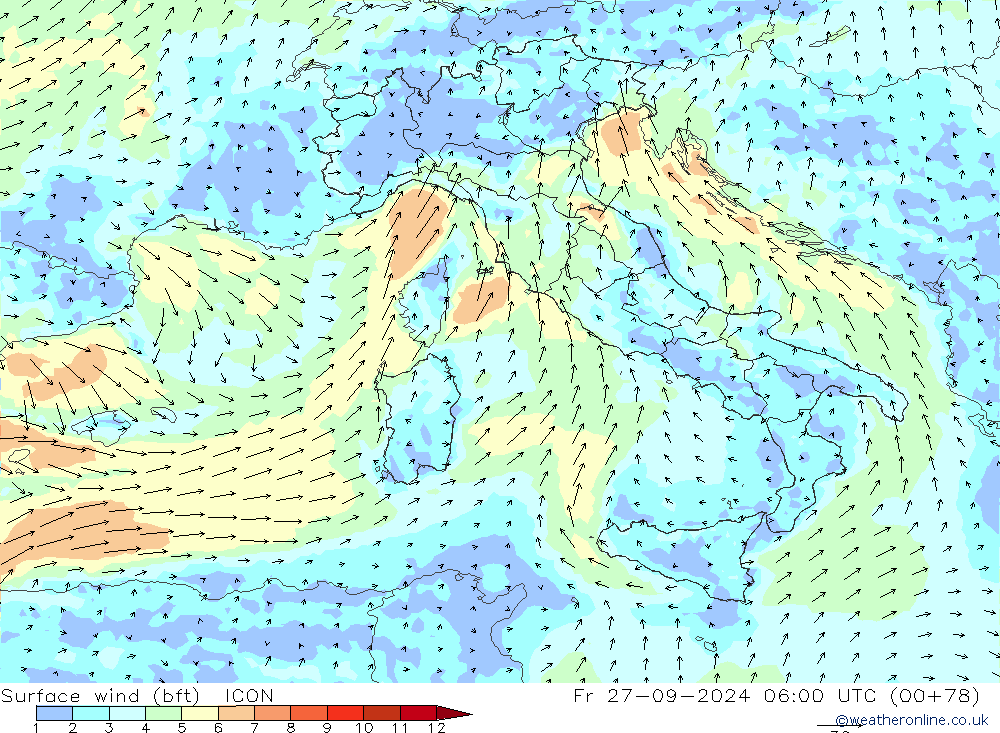 Rüzgar 10 m (bft) ICON Cu 27.09.2024 06 UTC