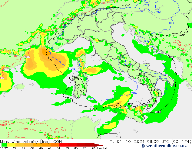 Max. wind velocity ICON вт 01.10.2024 06 UTC