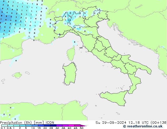 Précipitation (6h) ICON dim 29.09.2024 18 UTC